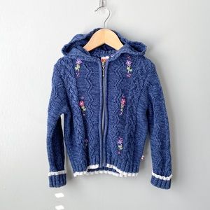 Vintage McKids Floral Embroidered Cable Knit Zip Up Hooded Sweater 4T
